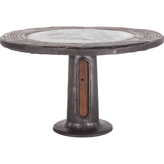 001 SR-877184 | Primary Silo | Welles Round Industrial Steampunk Dining Table by World Interiors in gray and natural patina. Made from teak wood, marble, cast iron in a modern style.