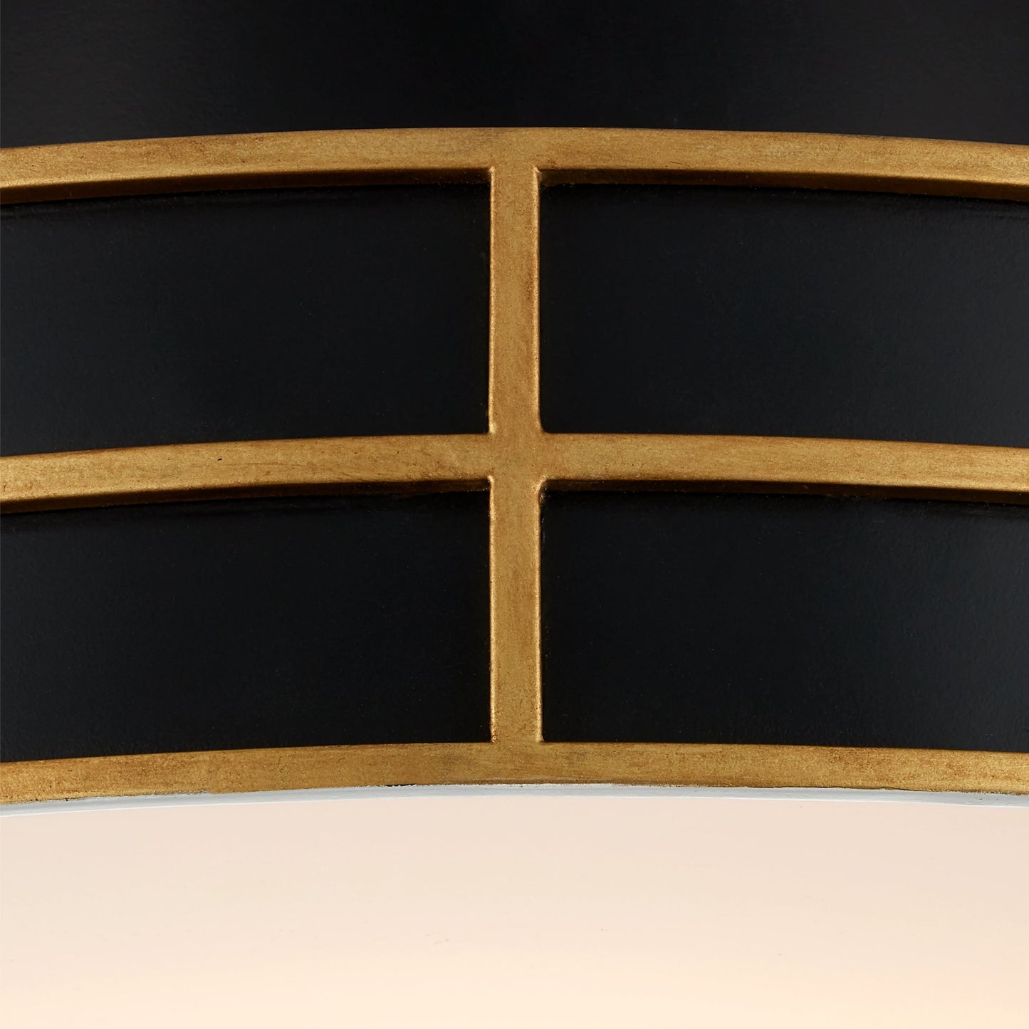 007 SI-2133932 | Closeup | Fielding Flush Mount by Currey and Company in satin black, contemporary gold, sugar white. Made from wrought iron, acrylic diffuser in a modern style.