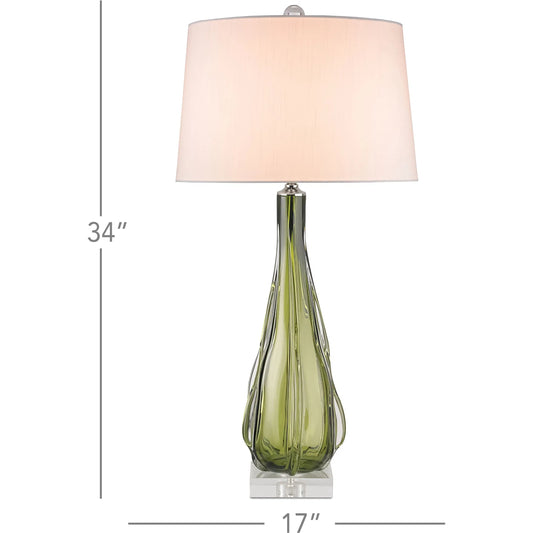 Zephyr Table Lamp by Currey and Company in green, clear. Made from glass, acrylic, metal in a modern style.