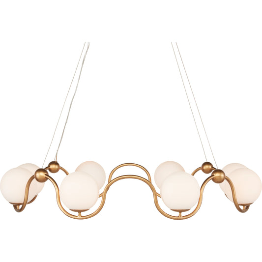 Equilibrium Chandelier by Currey and Company in antique brass, white. Made from wrought iron, glass in a modern style.