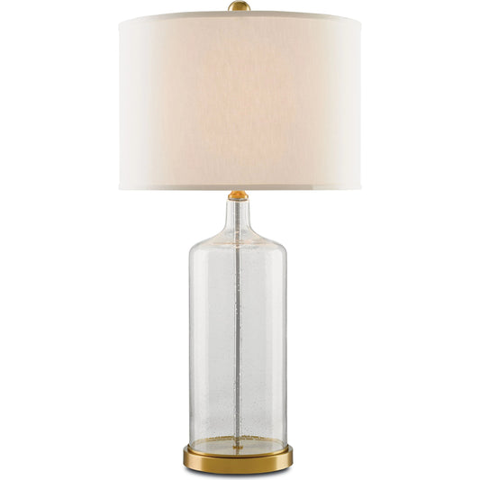 Hazel Table Lamp by Currey and Company in clear seedy (bubbled) glass, brass. Made from glass, iron in a coastal style.