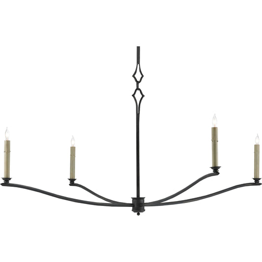 Knole Chandelier by Currey and Company in french black. Made from wrought iron in a rustic style.