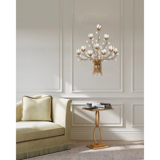 Star Magnolia Wall Sconce by Currey and Company in antique brass, white, clear. Made from metal, brass, glass in a modern style.