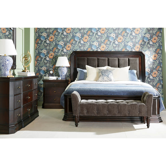 Revival Upholstered Bed by A.R.T. Furniture in charcoal and napa mahogany. Made from rubberwood solids, quarter mahogany veneer, foam, fabric, resin in a traditional style.