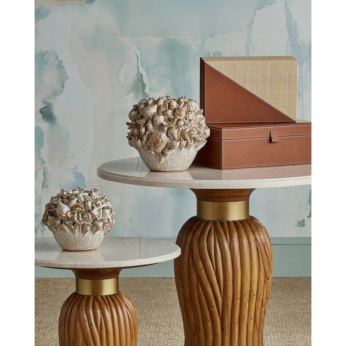 007 SI-2524434 | Lifestyle | Tassel Accent Table by Currey and Company in morel brown, natural, brushed brass. Made from mindi wood, crema marfil marble, brass in a traditional style.