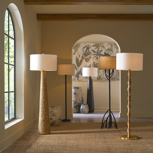 Sunbird Wood Floor Lamp by Currey and Company in natural, brass. Made from wood, metal in a modern style.