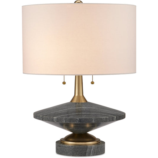 Jebel Table Lamp by Currey and Company in natural, brushed brass. Made from stone, aluminum, brass in a modern style.
