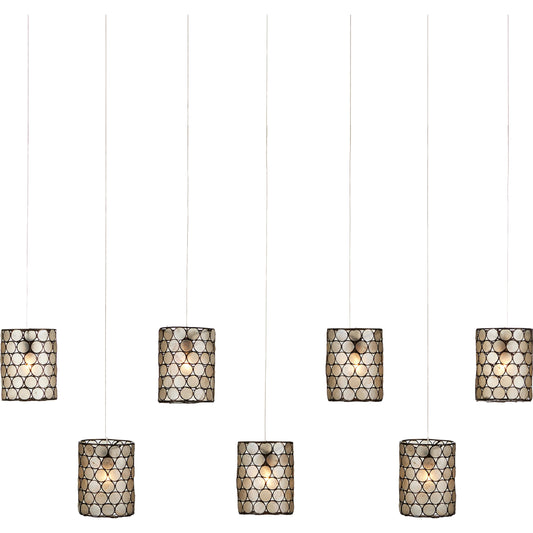 Regatta Rectangular 7-Light Multi-Drop Pendant by Currey and Company in cupertino, silver. Made from cupertino, iron, capiz shell in a modern style.