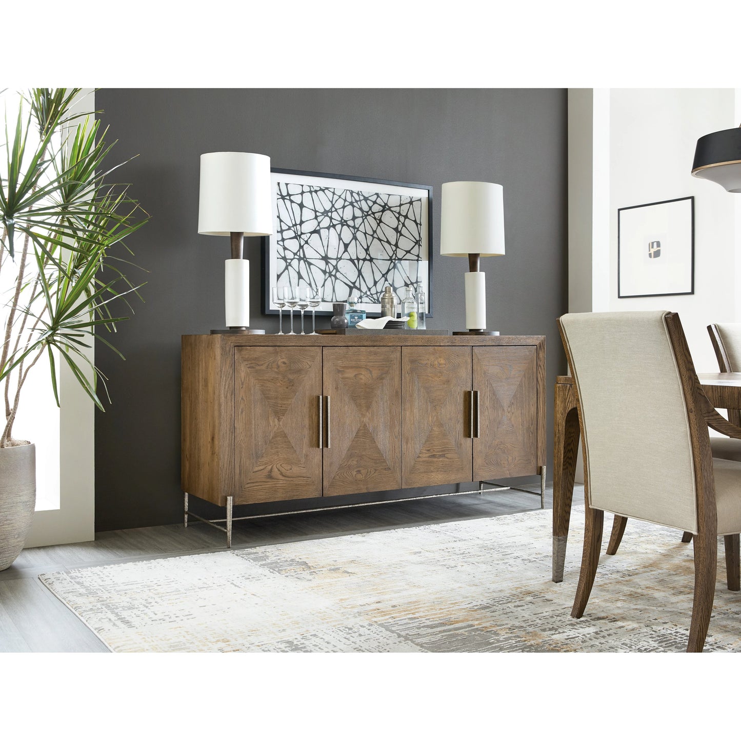 006 SI-1959545 | Lifestyle | Chapman Buffet by Hooker Furniture in sorrel. Made from white oak veneers, metal base in a modern style.