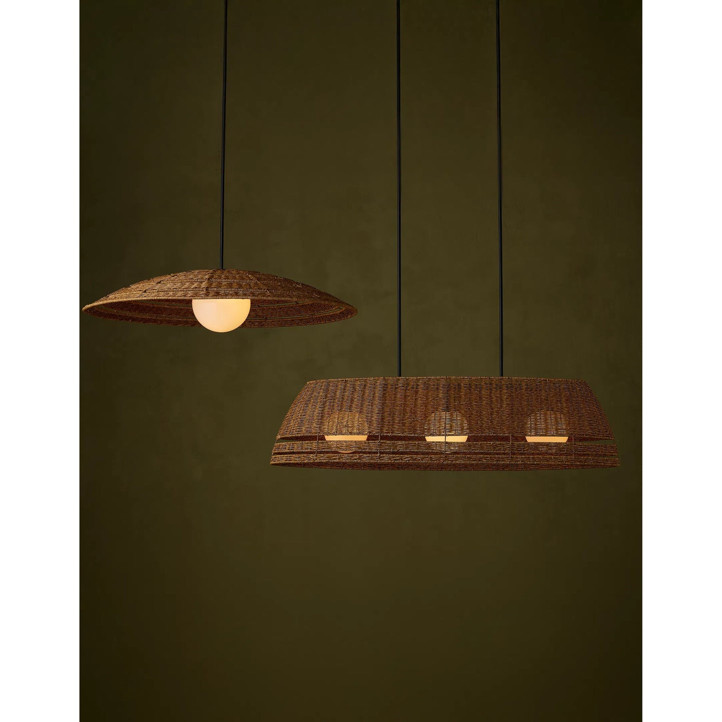 010 SI-2386953 | Lifestyle | Barbary Outdoor Pendant by Currey and Company in natural, black, frosted white. Made from all-weather wicker, metal, glass in a rustic style.