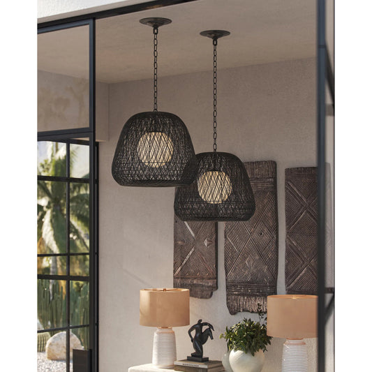 Osbert Pendant by Currey and Company in black, satin black, white. Made from kraft paper twine, wrought iron, glass in a rustic style.