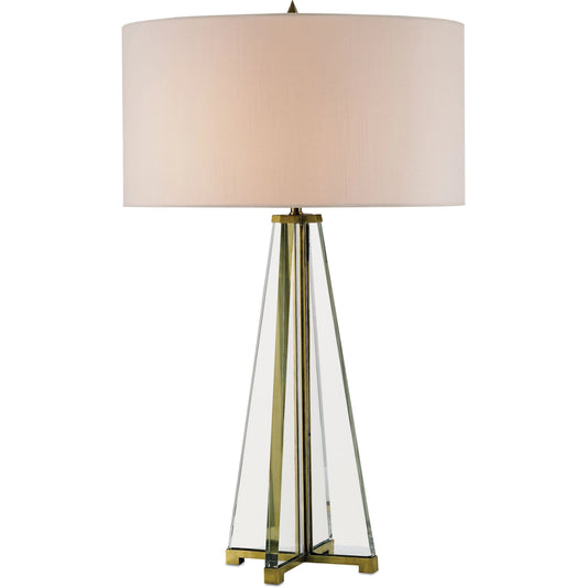 Lamont Table Lamp by Currey and Company in brass, clear optic crystal. Made from brass, optic crystal in a modern style.