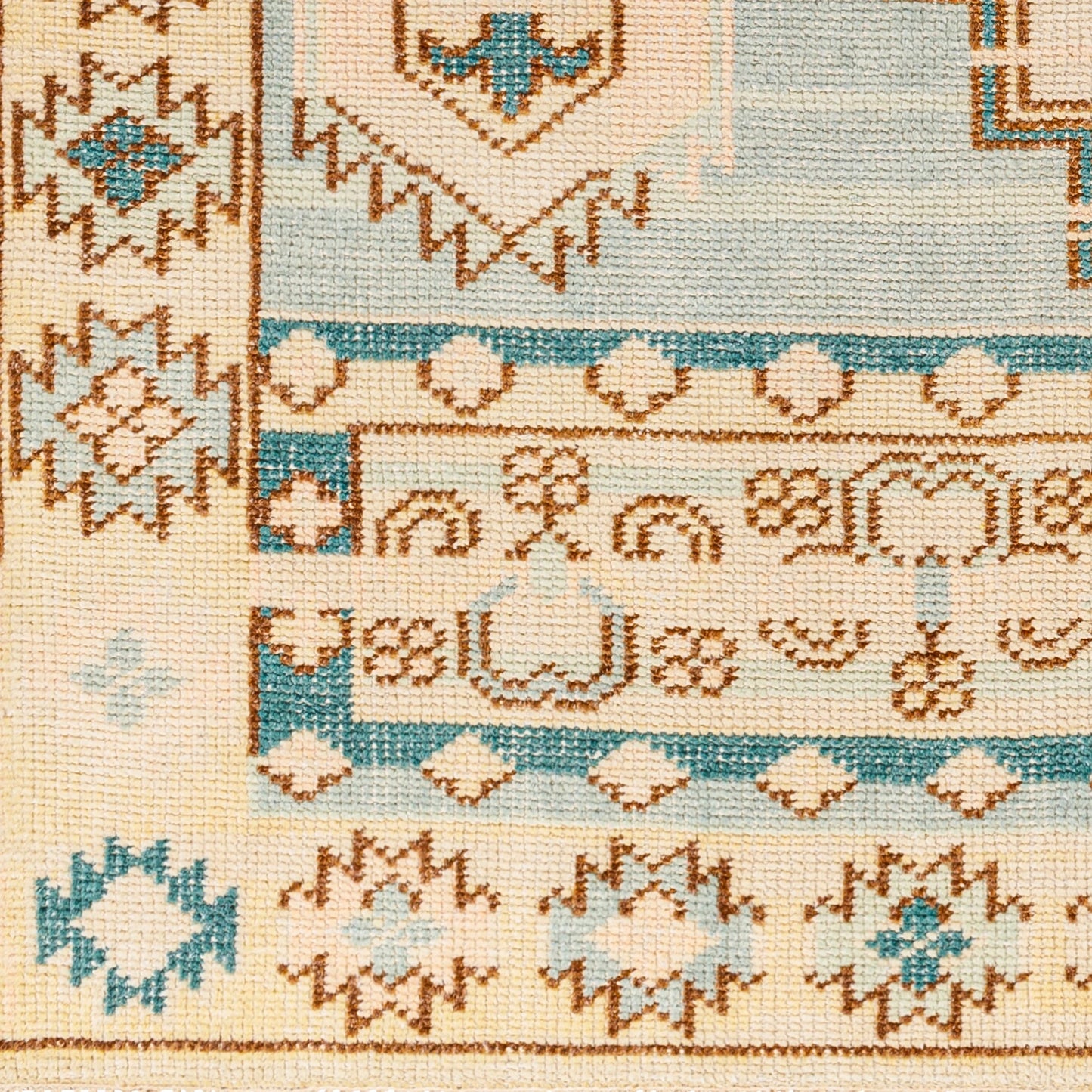 005 SI-1876324,SI-1876325,SI-1876326,SI-1876327,SI-1876328,SI-1876329,SI-1876330 | Closeup | Anadolu Rug - 29978 by Surya in teal, brown, pale pink, seafoam, cream. Made from 70% wool, 30% viscose in a unique style.