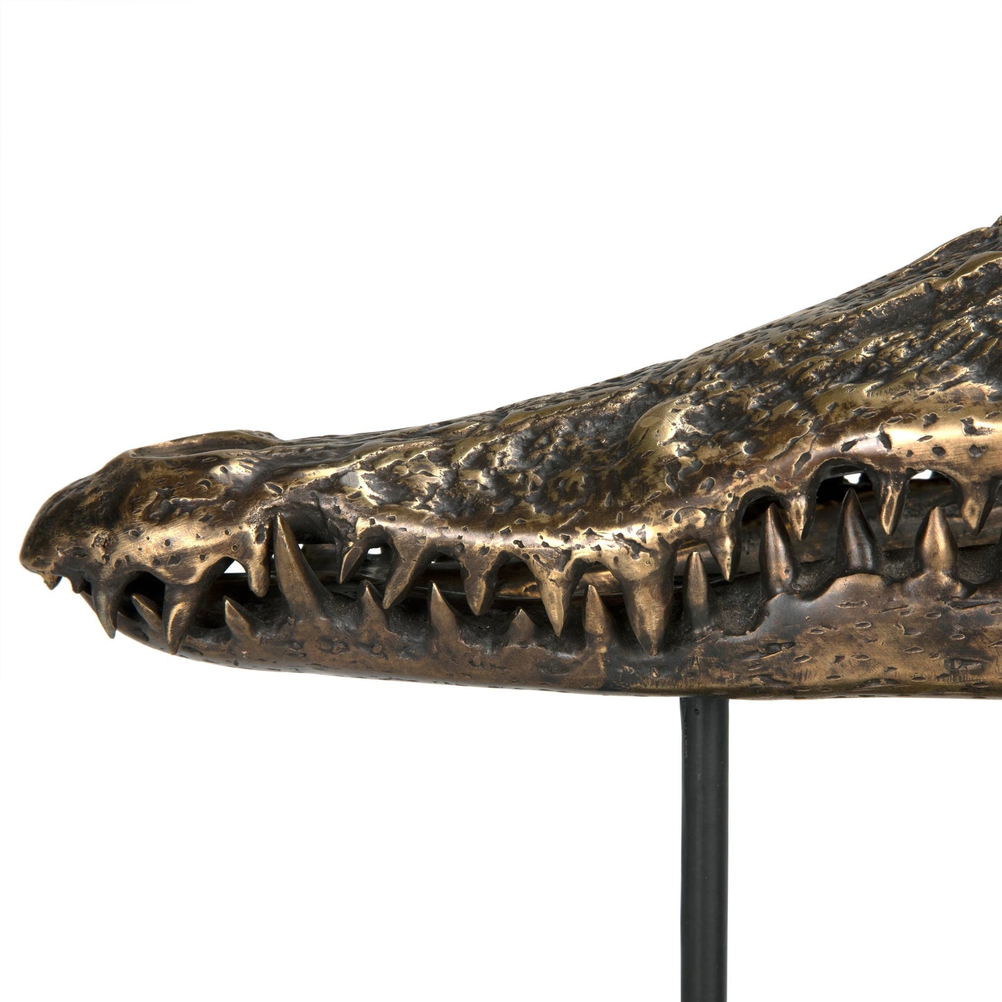 017 SI-2137020 | Closeup | Brass Alligator on Stand by Noir in antique brass with matte black base. Made from metal alloy with industrial steel base in a modern style.