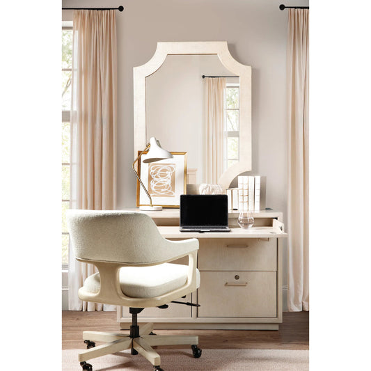 Marlowe Workstation by Hooker Furniture in light wood and polished limestone, quartered oak veneers. Made from white oak solids, white oak veneers in a unique style.