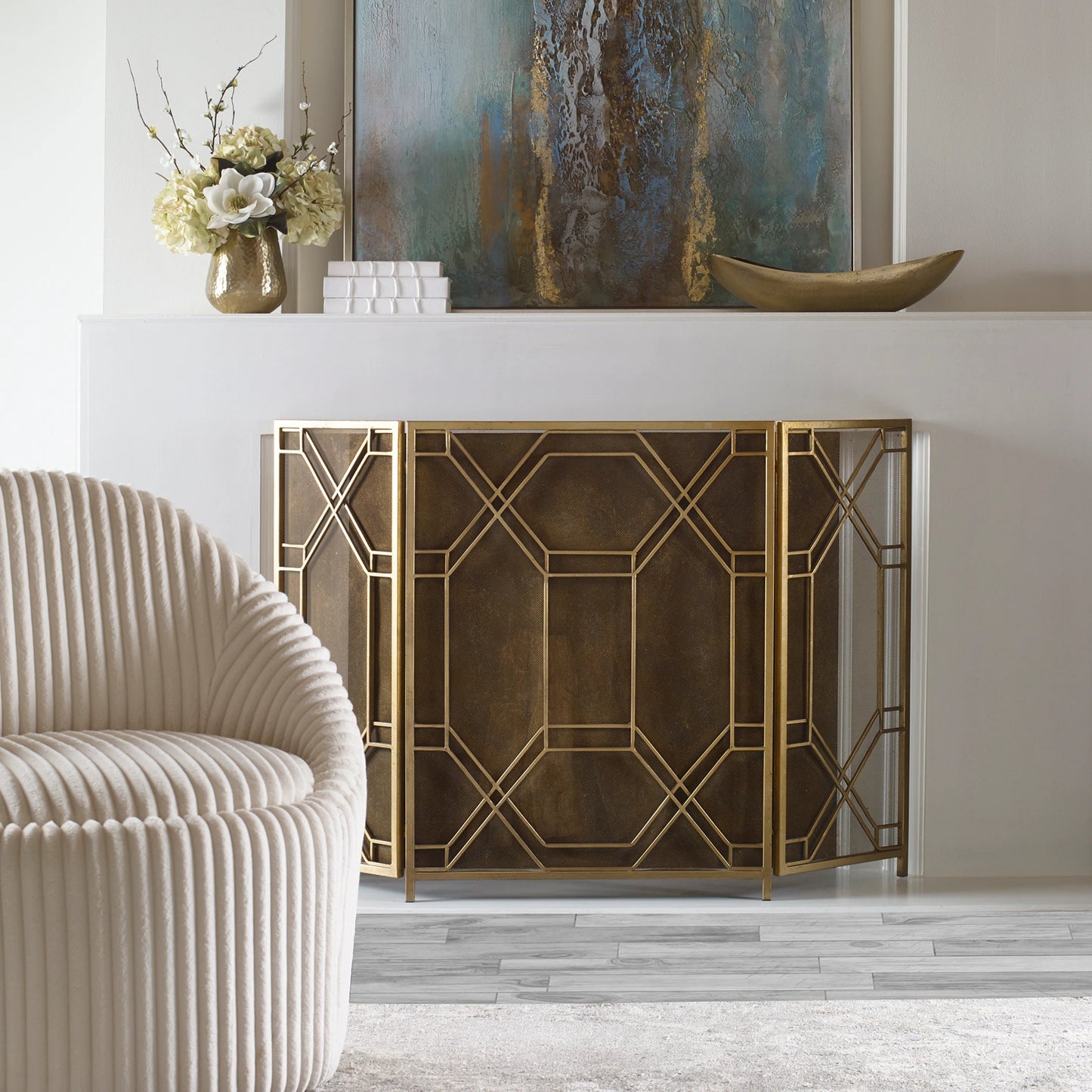 003 S-252190 | Lifestyle | Rosen Fireplace Screen by Uttermost in gold. Made from metal in a traditional style.