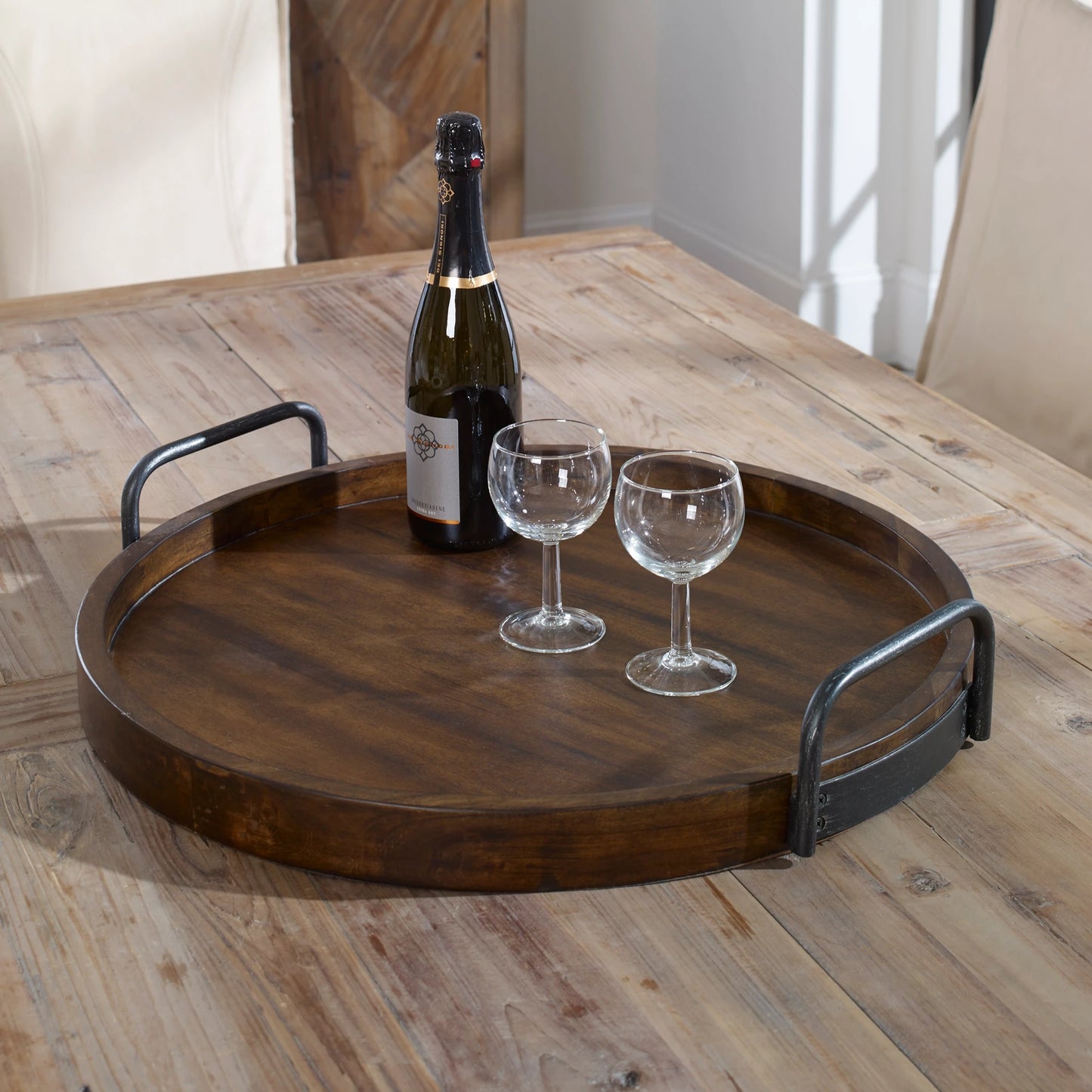 002 S-252218 | Lifestyle | Reine Round Wooden Tray by Uttermost. Made from mdf, veneer, acacia wood, metal in a cottage & farmhouse style.