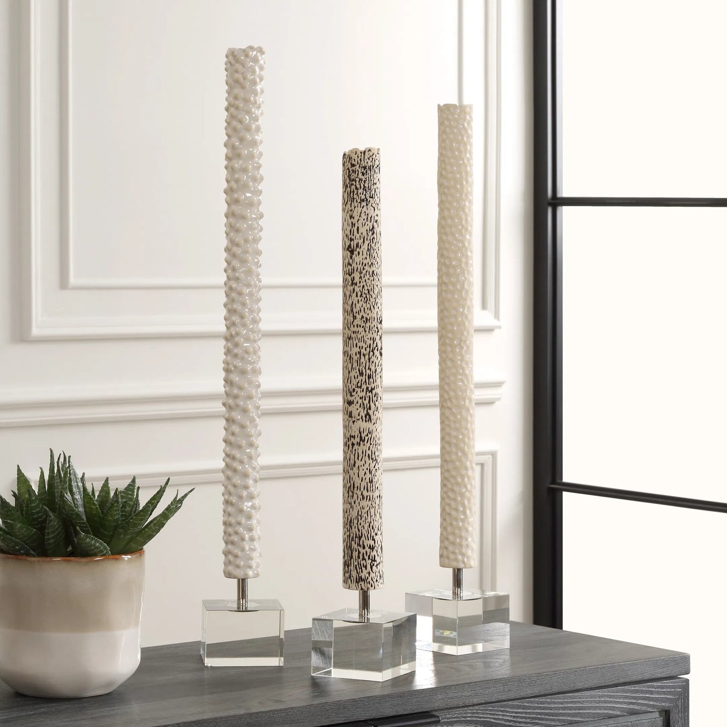 004 SR-824162 | Lifestyle | Makira Cylindrical Sculptures by Uttermost. Made from ceramic, crystal, iron in a eclectic & global style.