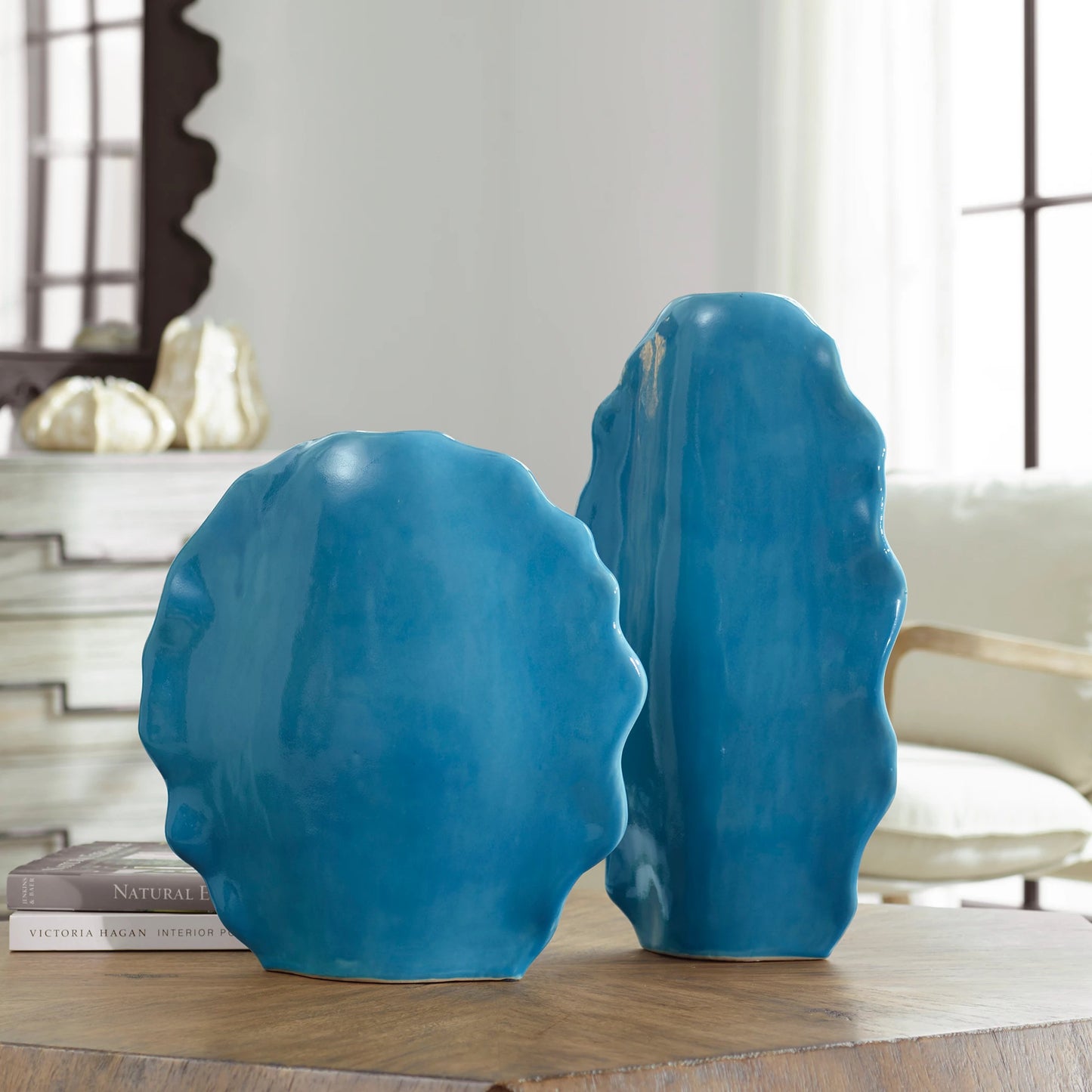 006 SI-1981248 | Closeup | Ruffled Feathers Vases by Uttermost. Made from earthenware in a transitional style.