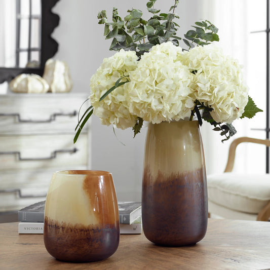 Desert Wind Vases by Uttermost in sand, rust, dark bronze. Made from glass in a modern style.