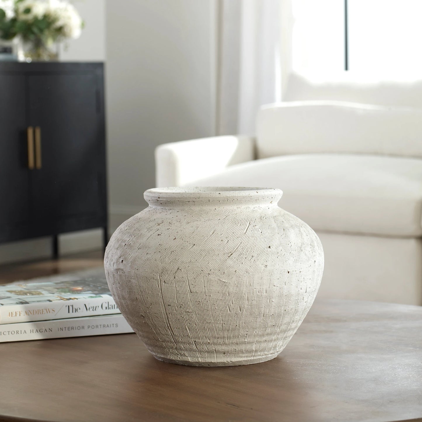 005 SI-2146822 | Closeup | Floreana Round Vase by Uttermost in white. Made from ceramic in a modern style.