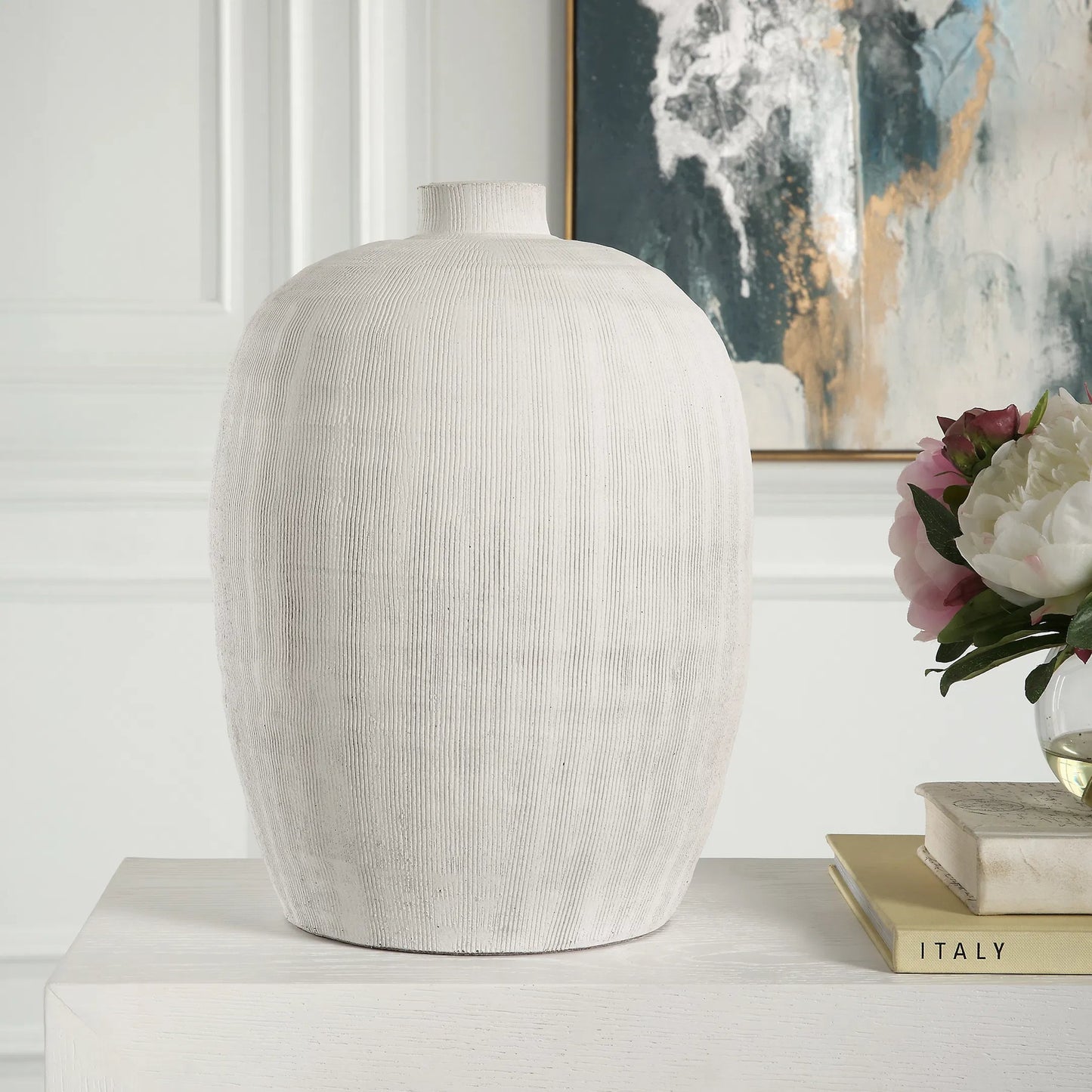 005 SI-2146823 | Unknown | Floreana Vase by Uttermost in white. Made from ceramic in a modern style.
