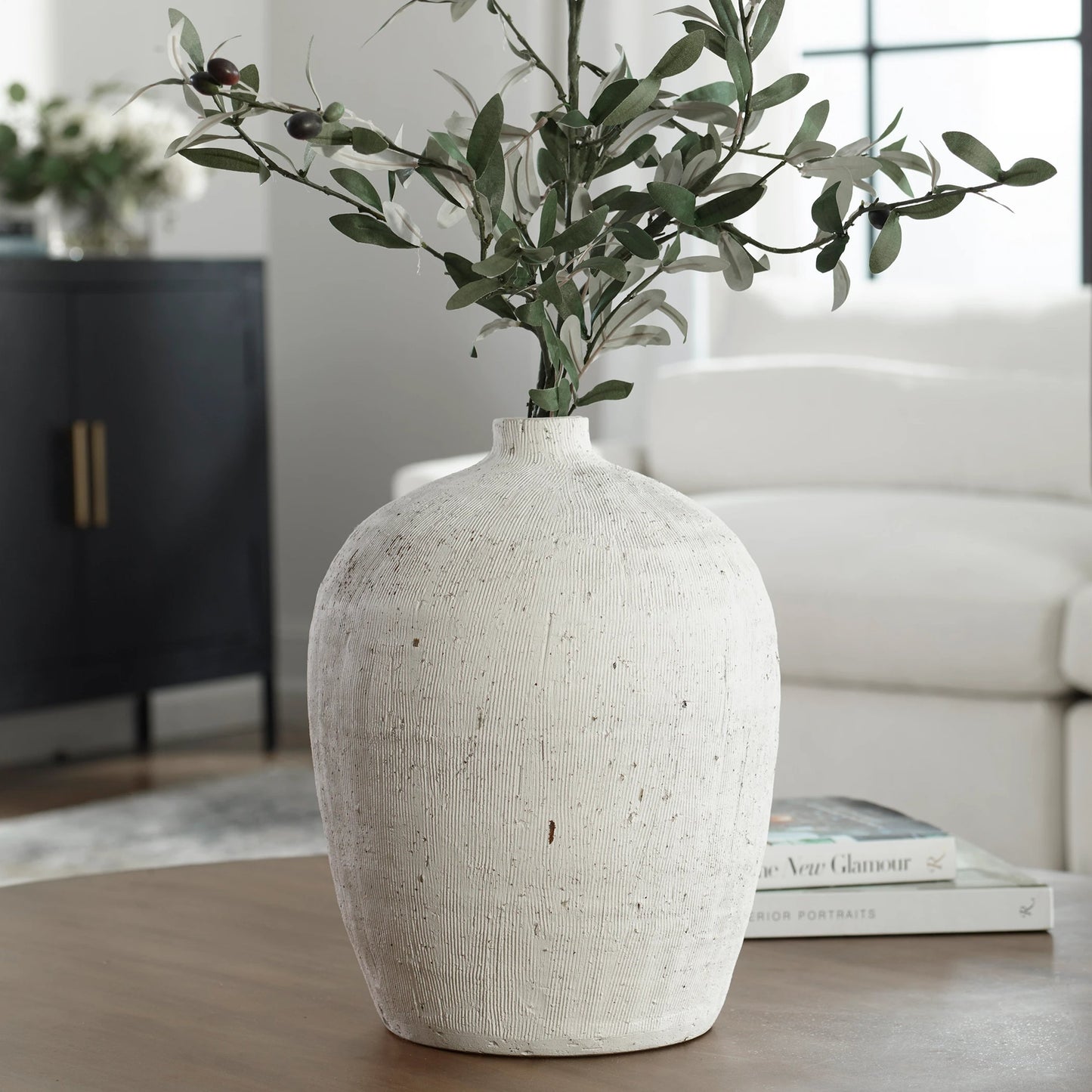004 SI-2146823 | Lifestyle | Floreana Vase by Uttermost in white. Made from ceramic in a modern style.