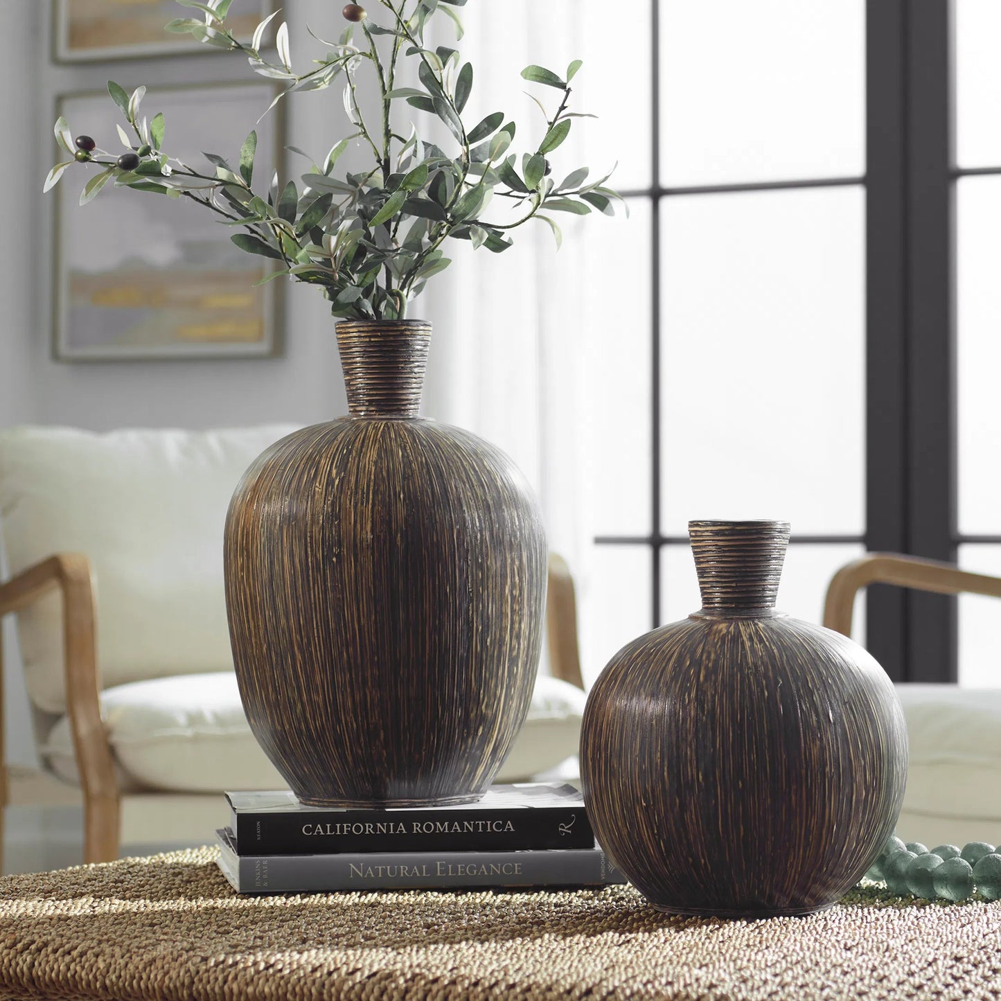 003 SI-2262167 | Lifestyle | Islander Vases by Uttermost in black. Made from terracota, bamboo in a rustic style.