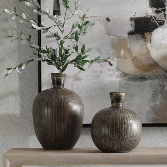 Islander Vases by Uttermost in black. Made from terracota, bamboo in a rustic style.