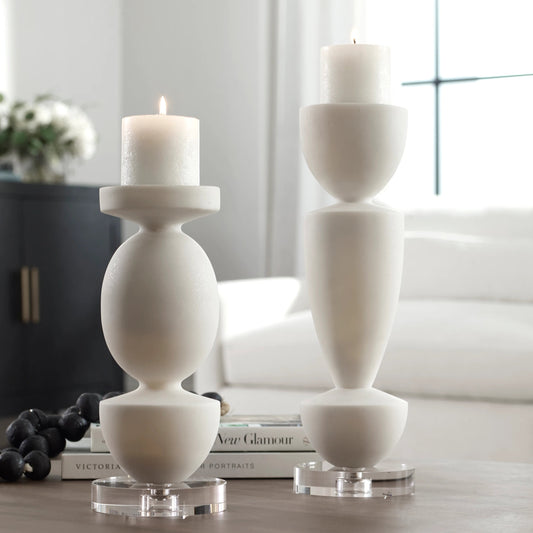 Lido Candleholders by Uttermost in white. Made from rice stone, crystal, metal in a modern style.
