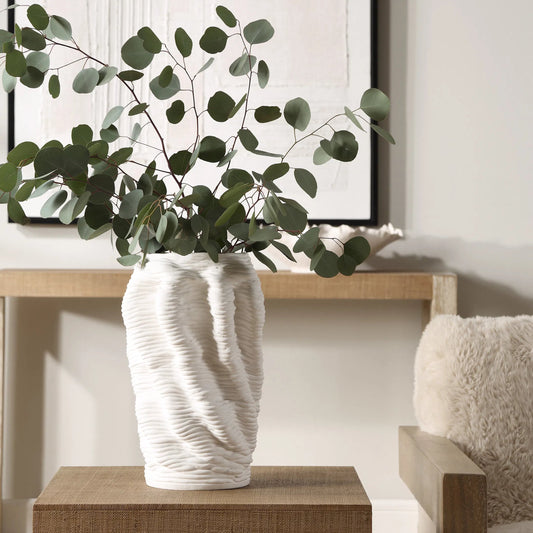 Stratified Matte Vase by Uttermost in white. Made from ceramic in a modern style.