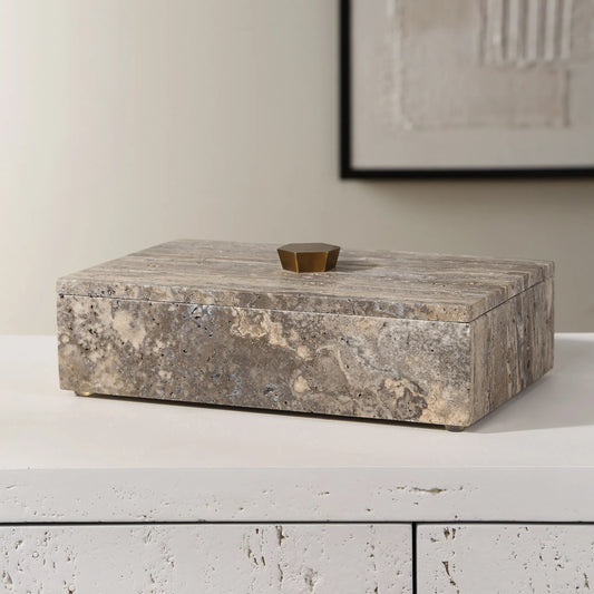 Griseus Travertine Box by Uttermost in bronze. Made from travertine, metal in a transitional style.