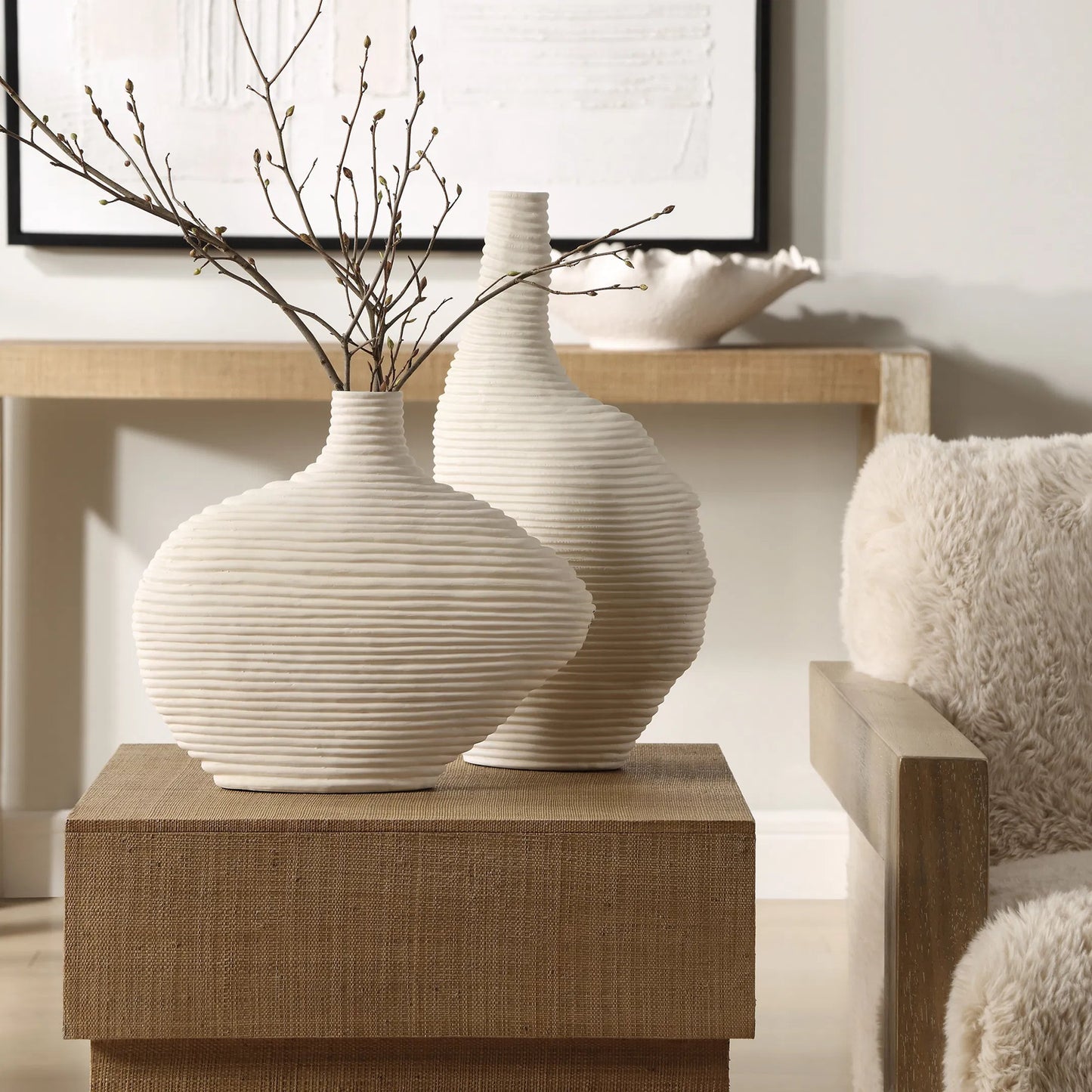 003 SI-2262178 | Lifestyle | Duostacked Matte Vases by Uttermost in white. Made from ceramic in a transitional style.