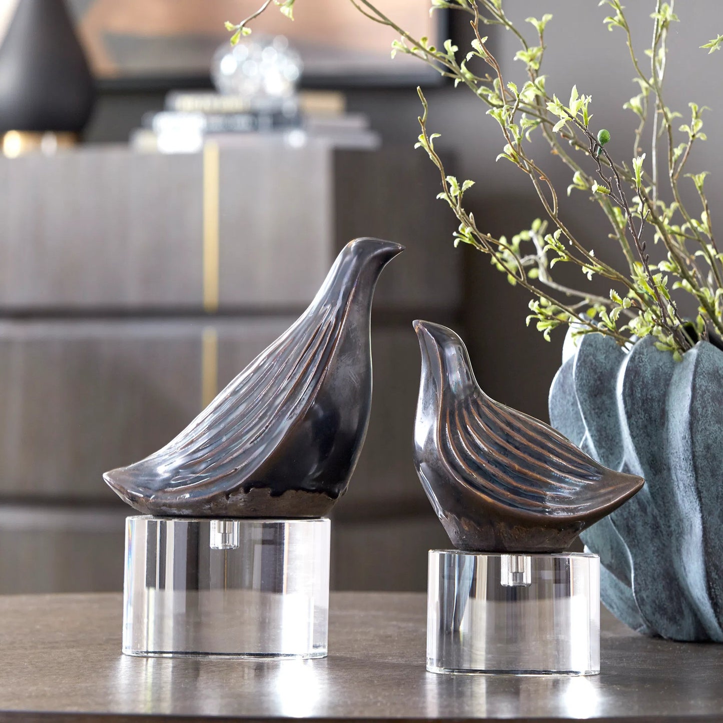 004 SI-2262182 | Lifestyle | Nesting Bird Sculptures by Uttermost in gray. Made from crystal, ceramic in a cottage & farmhouse style.