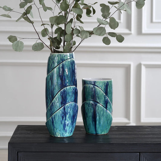 Tranquil Duo Vases (Set of 2) by Uttermost in blue. Made from ceramic in a coastal style.