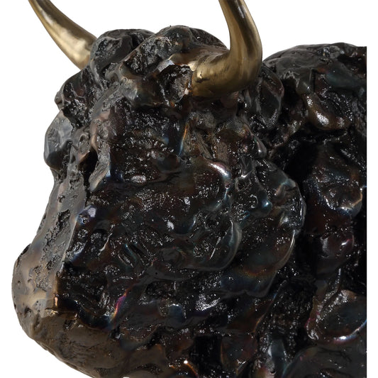 Bison Bust Sculpture by Uttermost in gold. Made from cast iron, crystal in a modern style.