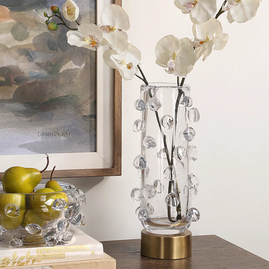 Aura Clear Glass Vase by Uttermost in brass. Made from glass, iron in a modern style.