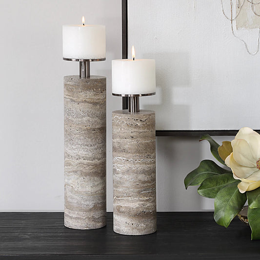 Shadowstone Candleholders by Uttermost in gray. Made from marble, metal in a transitional style.