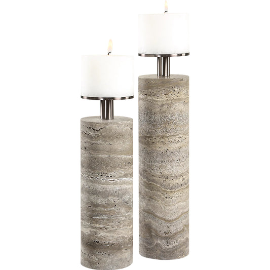 001 SI-2262213 | Primary Silo | Shadowstone Candleholders by Uttermost in gray. Made from marble, metal in a transitional style.