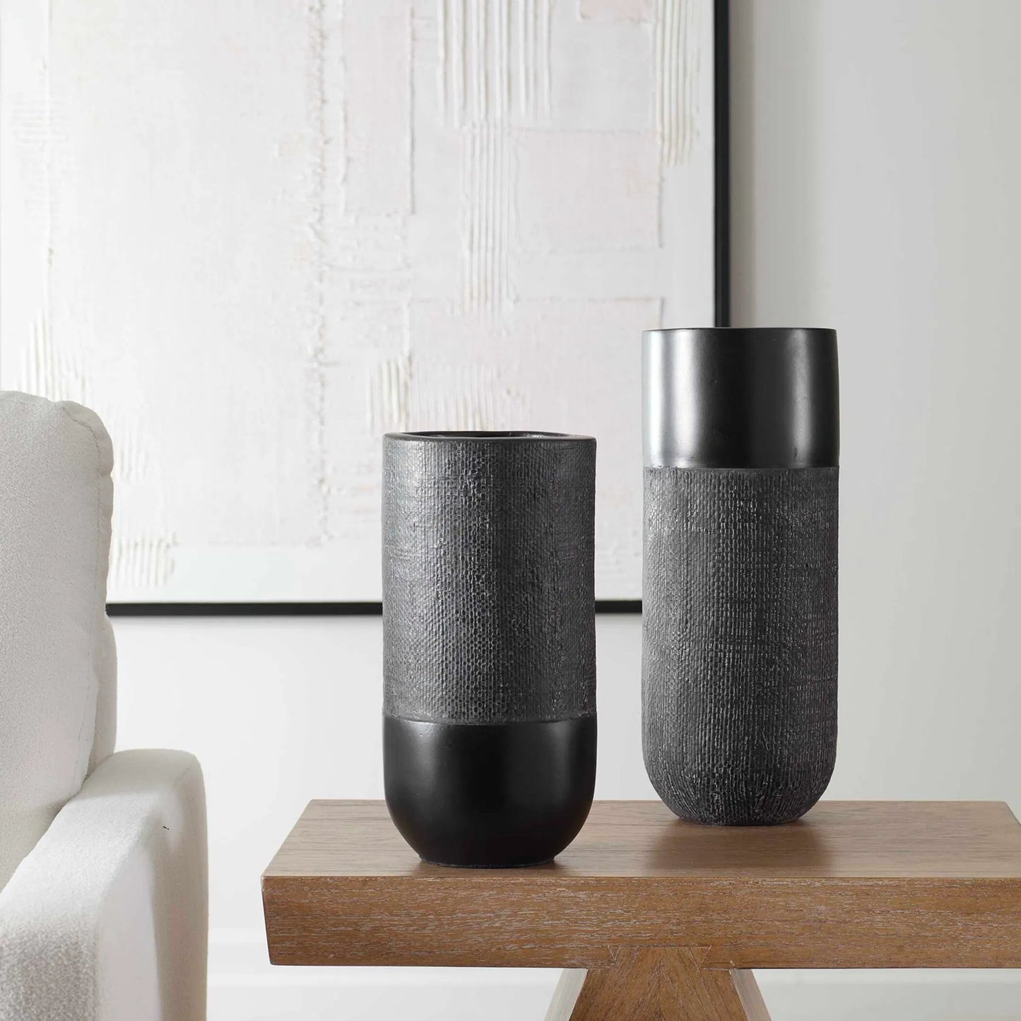 003 SI-2355223 | Lifestyle | Woven Shadow Vases by Uttermost in black. Made from terracota, weave sisal fibers in a transitional style.