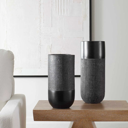 Woven Shadow Vases by Uttermost in black. Made from terracota, weave sisal fibers in a transitional style.