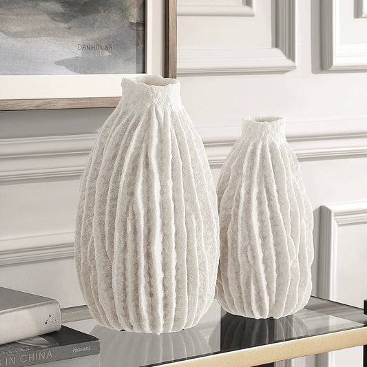 Ridge Ivory Vases (Set of 2) by Uttermost in ivory. Made from polyresin in a rustic style.