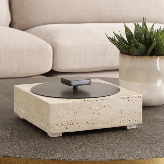 Natural Luxe Travertine Box by Uttermost in bronze. Made from travertine stone, iron in a transitional style.
