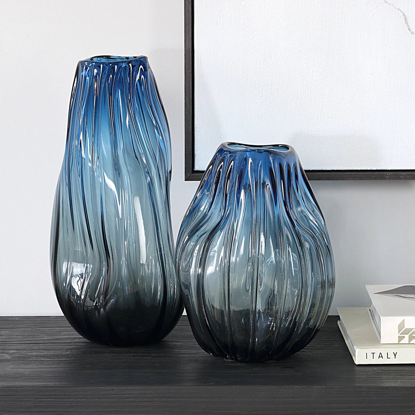 003 SI-2295194 | Lifestyle | Midnight Horizon Vases (Set of 2) by Uttermost in black. Made from glass in a coastal style.