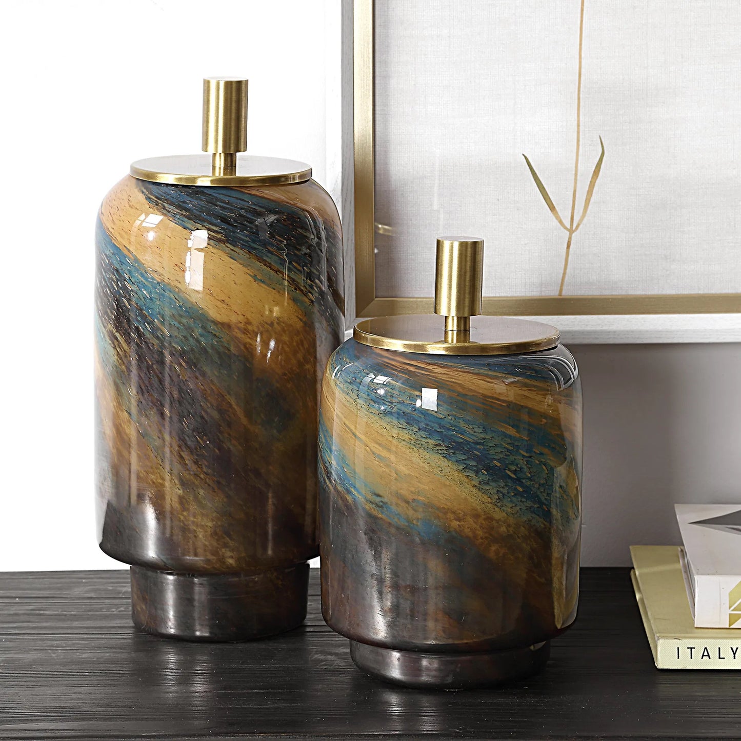 003 SI-2295192 | Lifestyle | Celestial Tide Glass Containers by Uttermost in bronze. Made from glass, metal in a eclectic & global style.