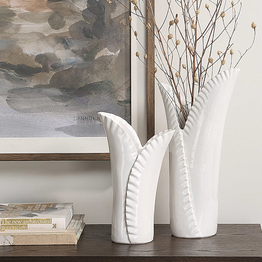 Leafscape Vases by Uttermost in white. Made from ceramic in a cottage & farmhouse style.