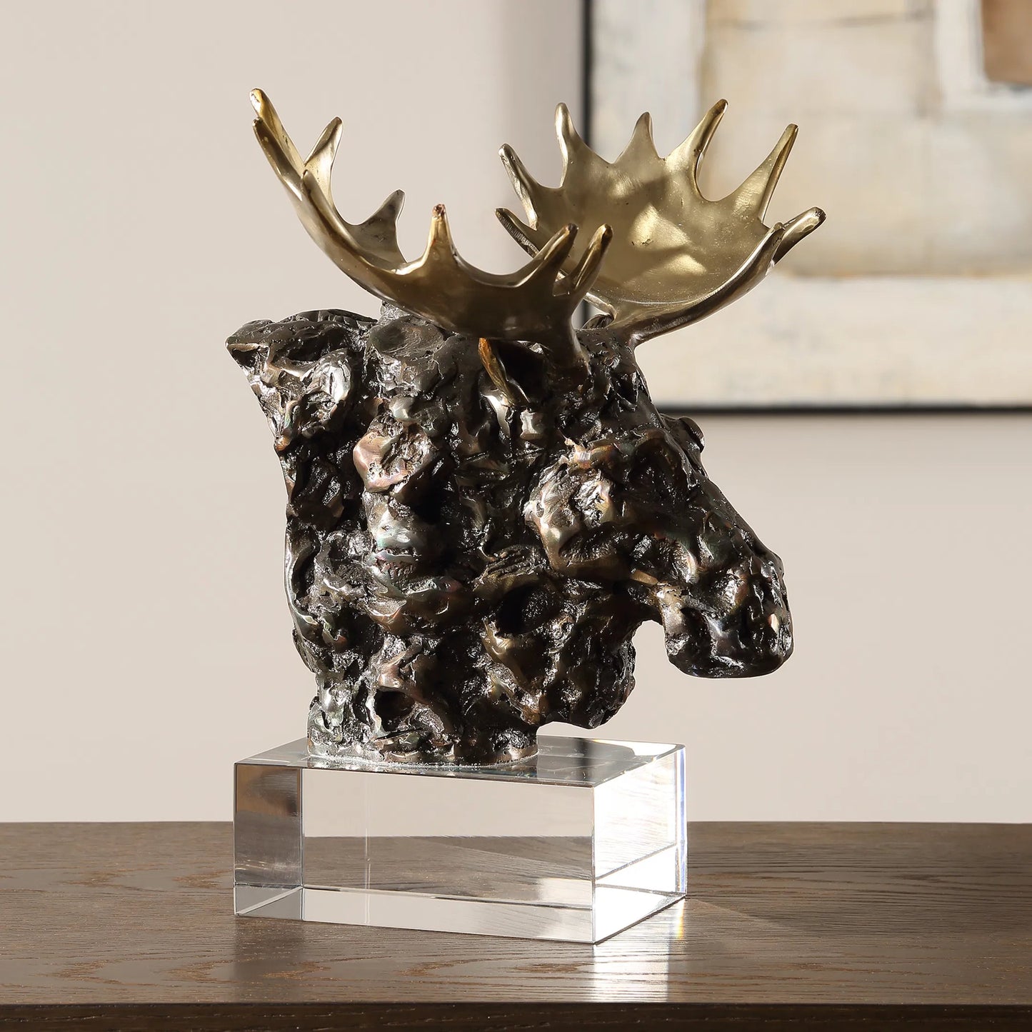 004 SI-2295191 | Lifestyle | Moose Bust Sculpture by Uttermost in gold. Made from cast iron, iron, crystal in a cottage & farmhouse style.