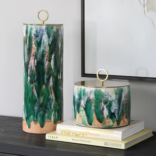 Sylvie Ceramic Containers (Set of 2) by Uttermost in green. Made from ceramic, iron in a eclectic & global style.