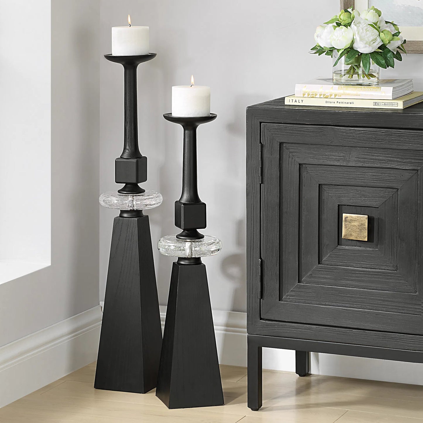 003 SI-2295216 | Lifestyle | Ebon Glow Floor Candleholders (Set of 2) by Uttermost in black. Made from wood, crystal, metal in a modern style.