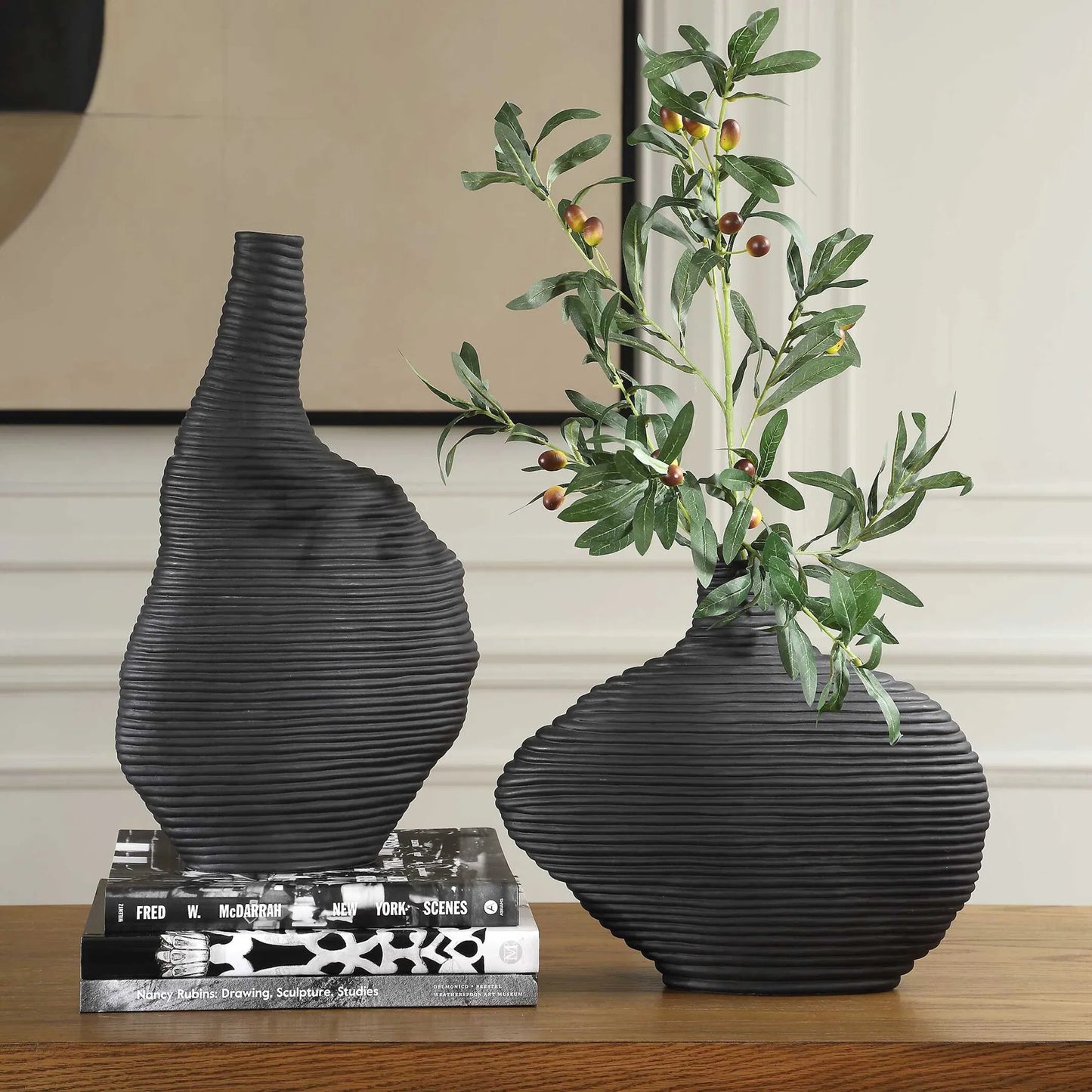 004 SI-2386602 | Lifestyle | Duostacked Vases by Uttermost in black. Made from ceramic in a transitional style.
